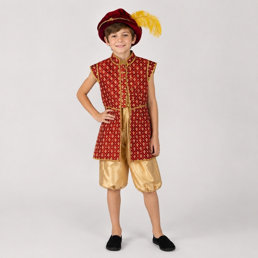 Boys Prince Costume Red Gold Vest Pants Hat Renaissance Halloween Kids Small